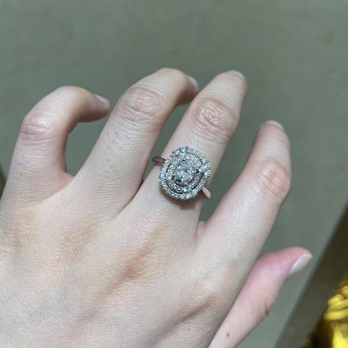 Double layer round bag Oval women's ring S925 silver plated white gold custom selection main stone Moissanite 1.0ct/Side Stone Cubic Zirconia